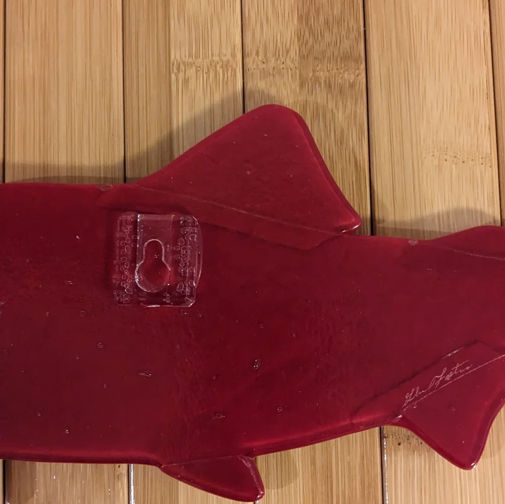 Art Fused Glass Salmon Wall Sculpture Signed Red Blue Fish Artisan Sardine New